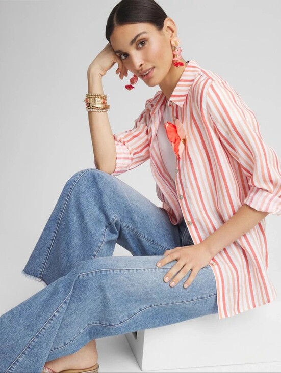Chico's Tops - Chico's No Iron 100% Linen Coral White Stripe Collared Button Down Shirt Sz 12